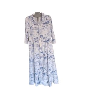 NWT Calypso St. Barth Linen‑Blend Maxi Dress M Blue & White Tropical Toile